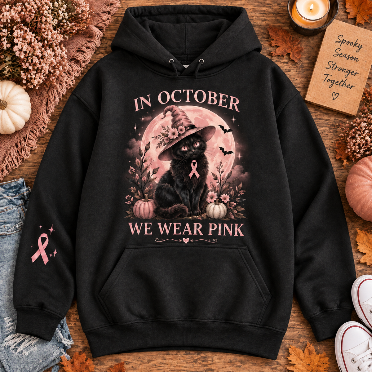 In October We Wear Pink Black Cat Witch Halloween Breast Cancer Awareness Hoodie
