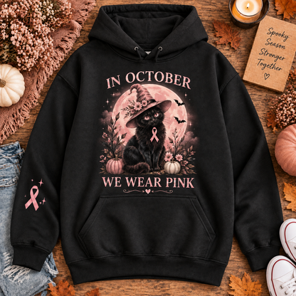 In October We Wear Pink Black Cat Witch Halloween Breast Cancer Awareness Hoodie