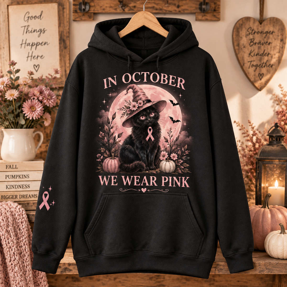 In October We Wear Pink Black Cat Witch Halloween Breast Cancer Awareness Hoodie