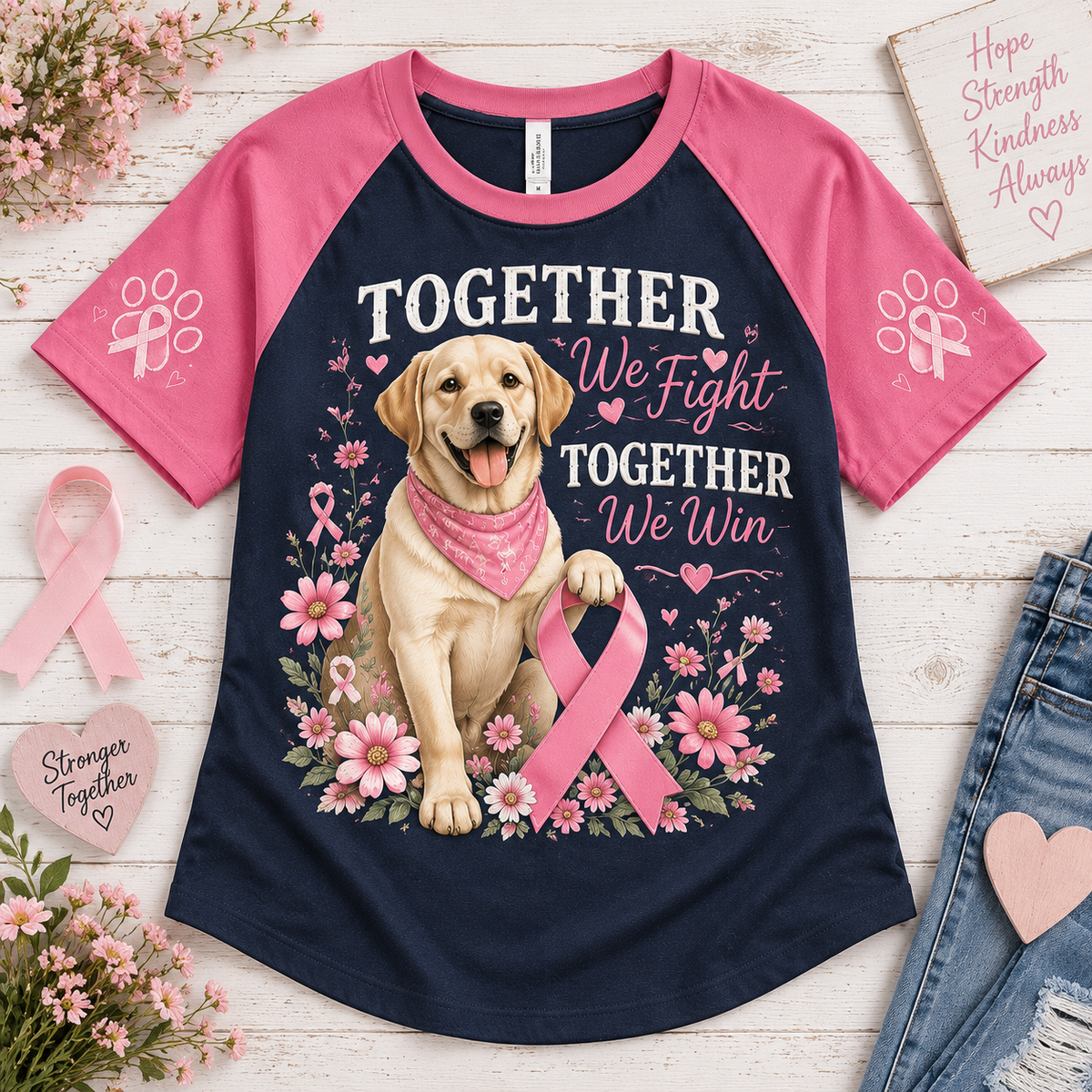 Together We Fight Together We Win Dog Breast Cancer Awareness Raglan T-Shirt