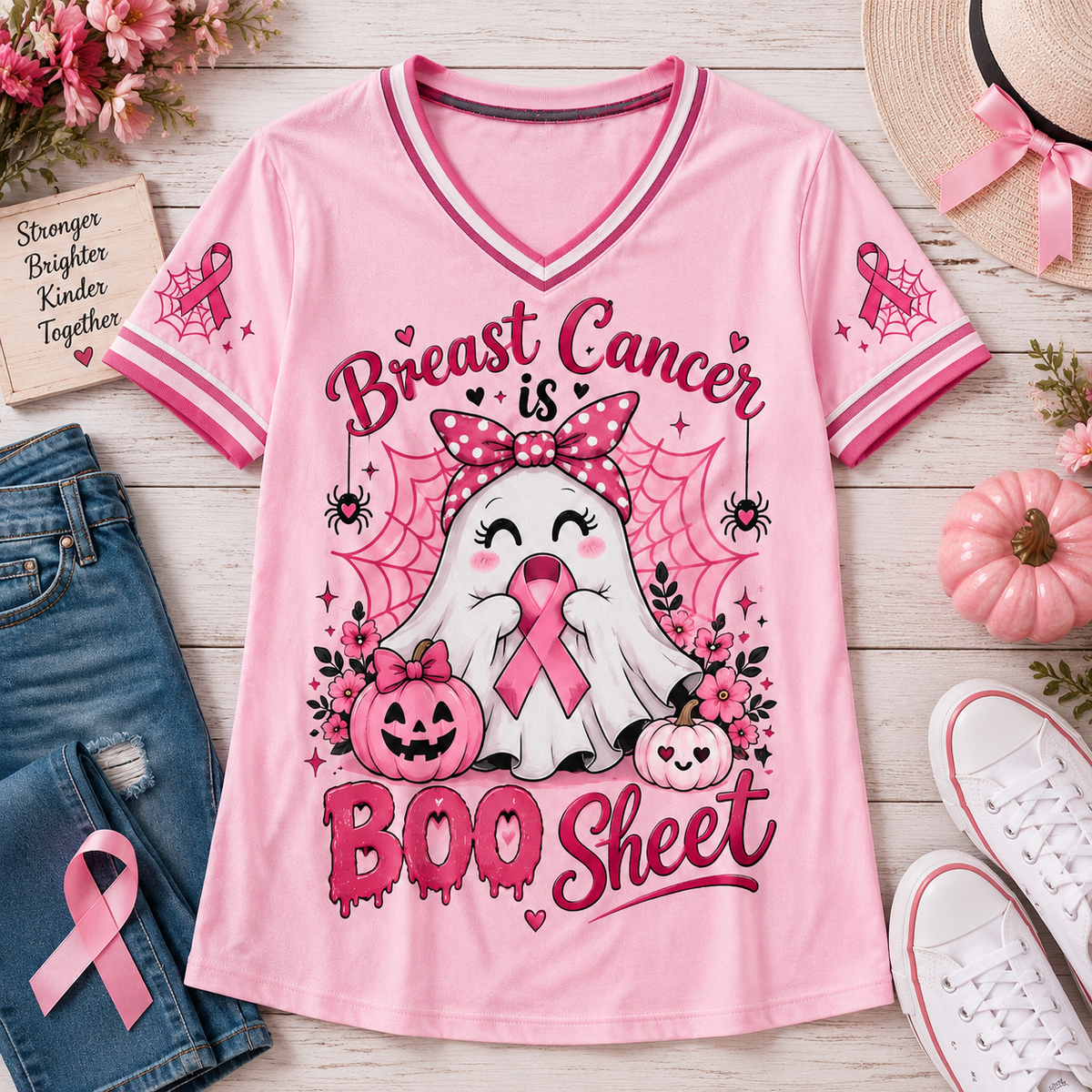 Breast Cancer Is Boo Sheet Ghost Halloween Breast Cancer Awareness V-Neck T-Shirt