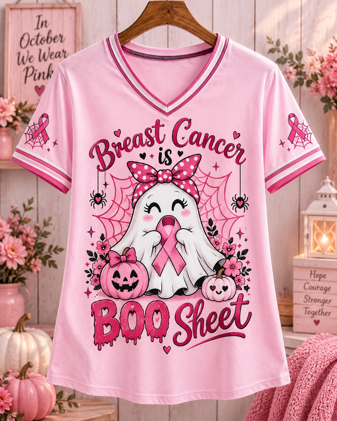 Breast Cancer Is Boo Sheet Ghost Halloween Breast Cancer Awareness V-Neck T-Shirt