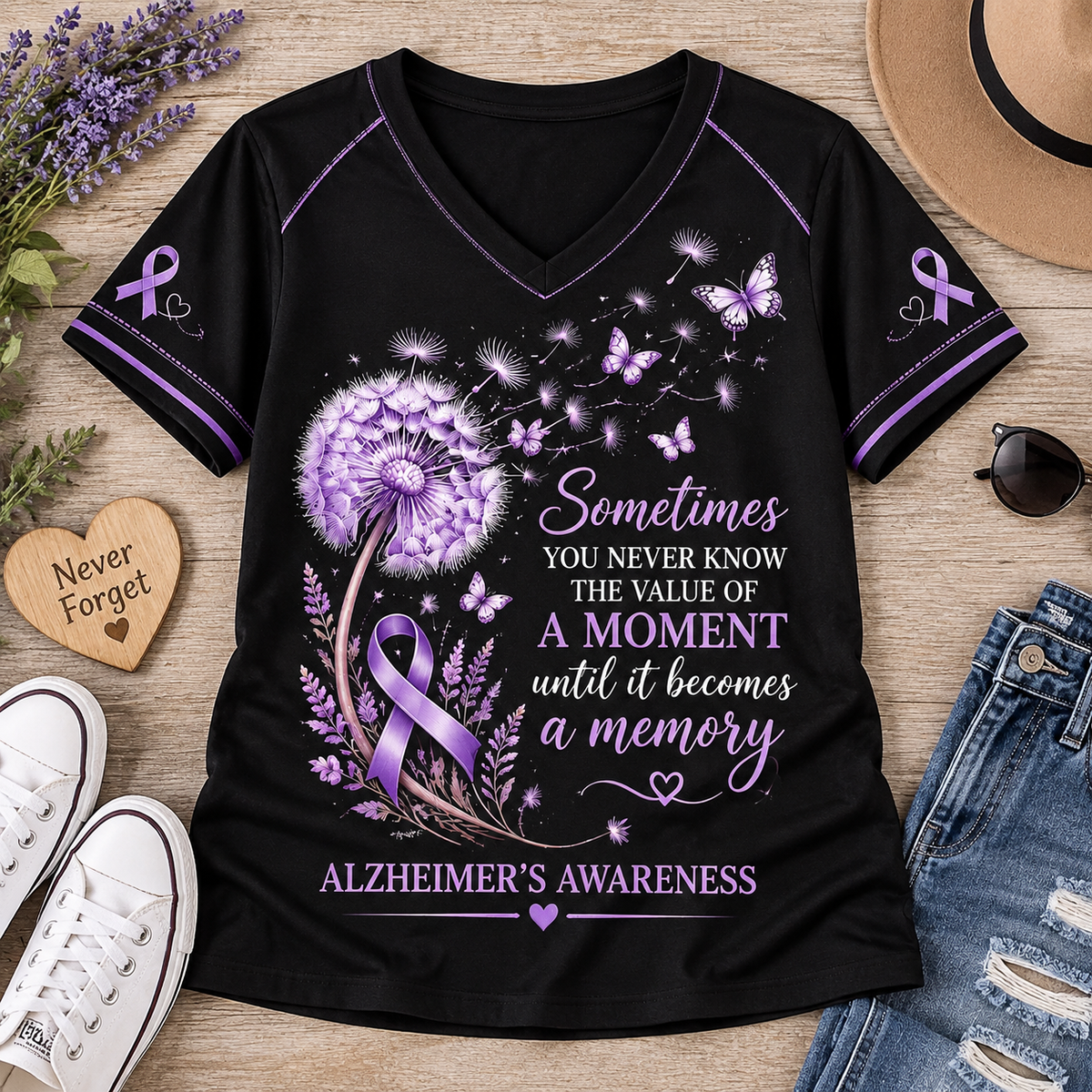 Value of a Moment Dandelion Butterfly Alzheimer’s Awareness V-Neck T-Shirt