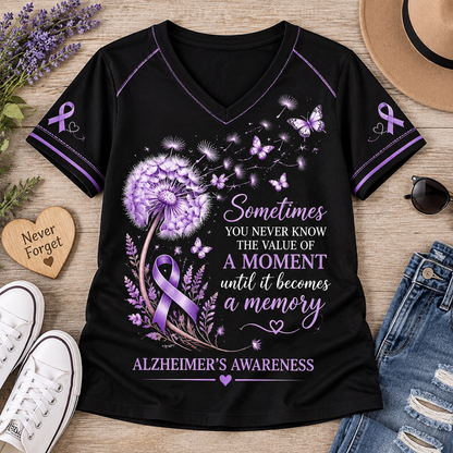 Value of a Moment Dandelion Butterfly Alzheimer’s Awareness V-Neck T-Shirt