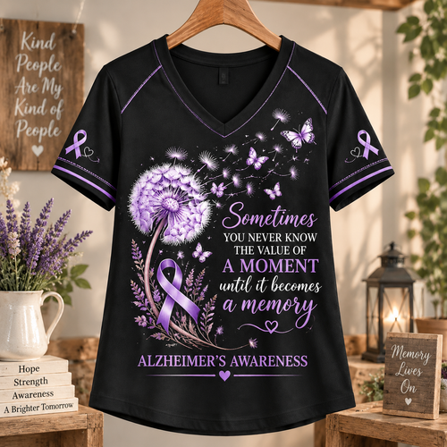 Value of a Moment Dandelion Butterfly Alzheimer’s Awareness V-Neck T-Shirt