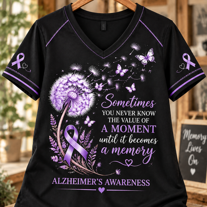 Value of a Moment Dandelion Butterfly Alzheimer’s Awareness V-Neck T-Shirt