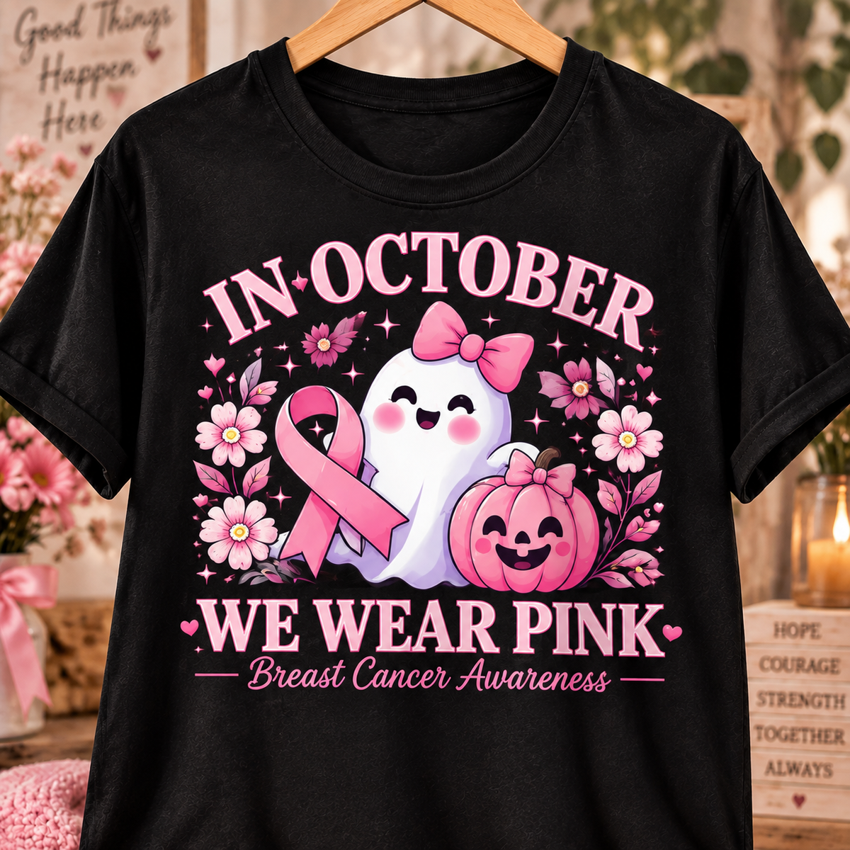 In October We Wear Pink Ghost Pumpkin Breast Cancer Awareness T-Shirt