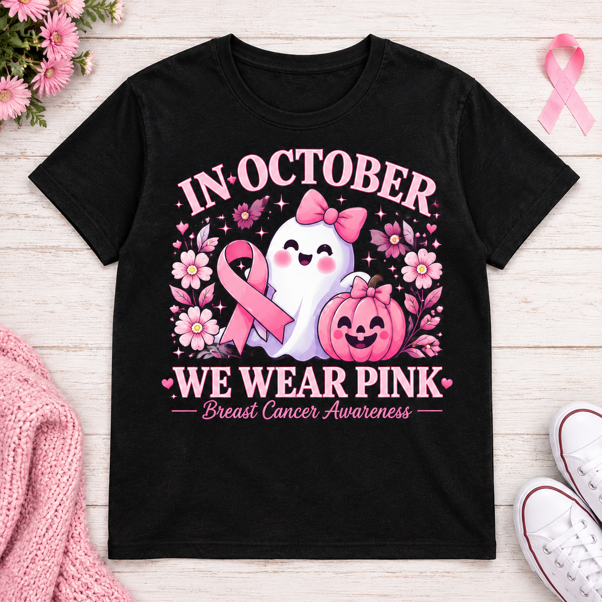 In October We Wear Pink Ghost Pumpkin Breast Cancer Awareness T-Shirt