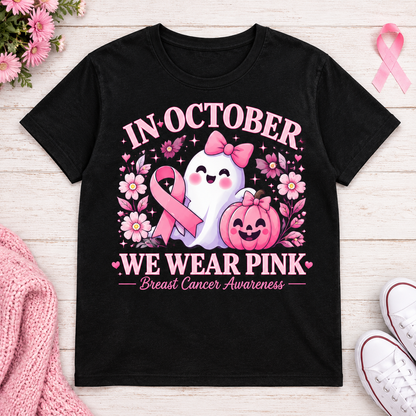 In October We Wear Pink Ghost Pumpkin Breast Cancer Awareness T-Shirt