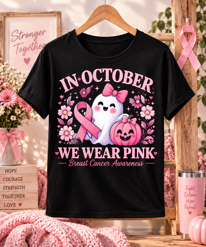 In October We Wear Pink Ghost Pumpkin Breast Cancer Awareness T-Shirt