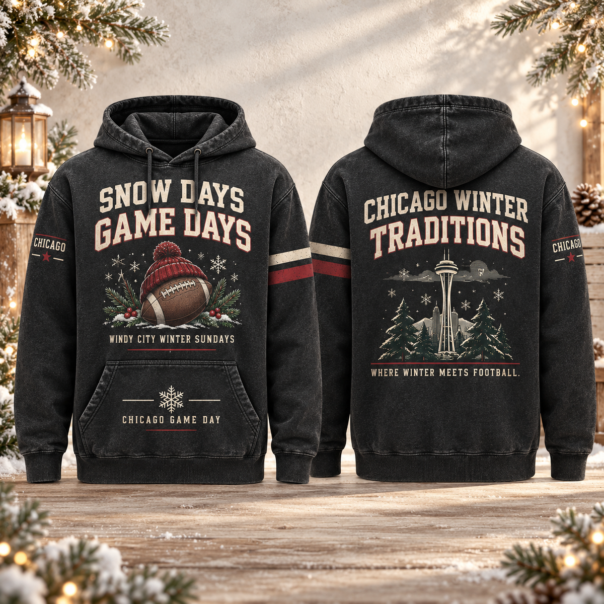 Snow Days Game Days Football Winter Hoodie – Style 05: Chicago – Windy City Snow Days