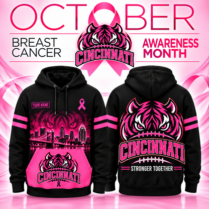 Personalized Football Team Spirit Breast Cancer Awareness Stronger Together Hoodie