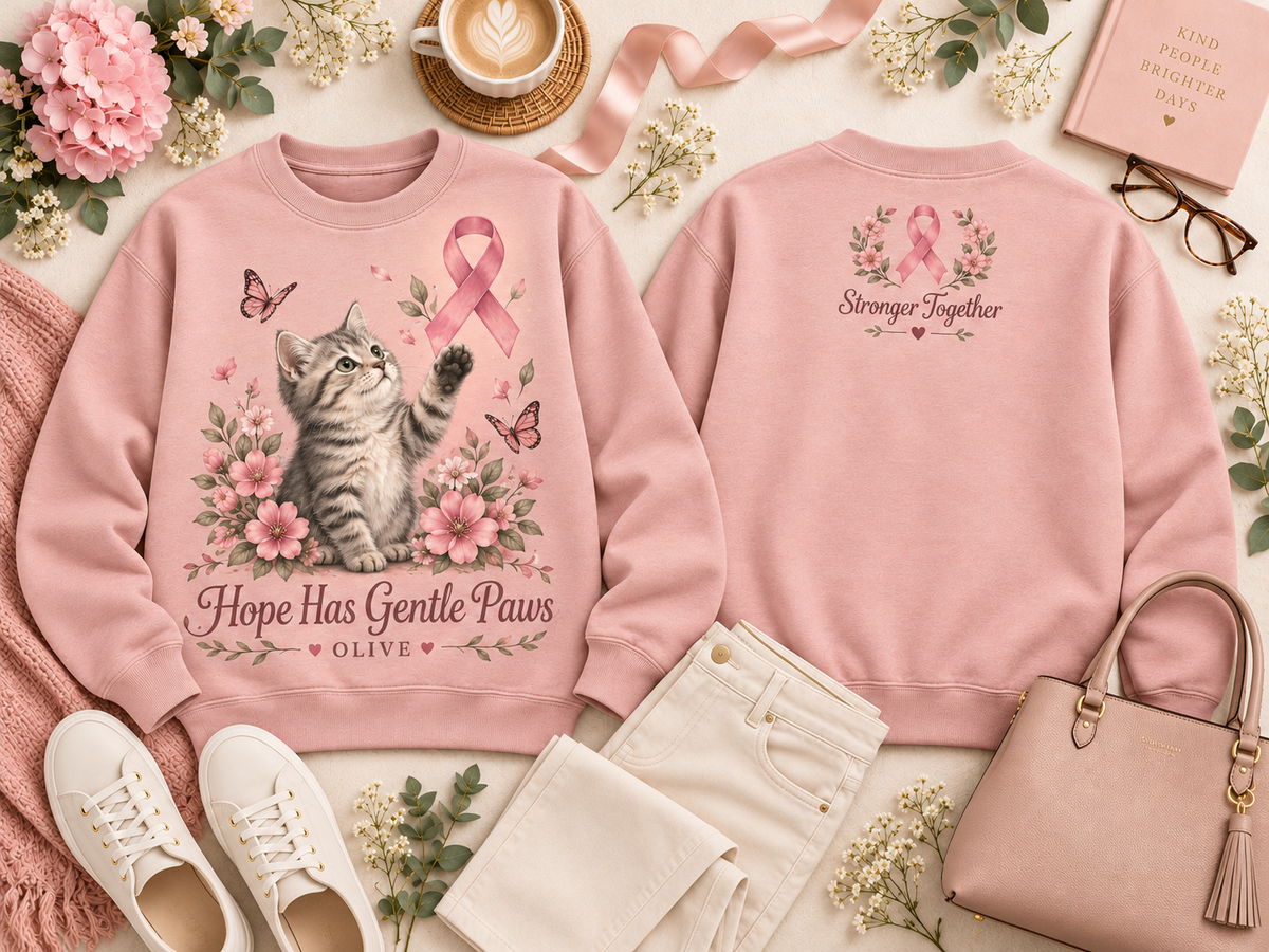Personalized Hope Has Gentle Paws Cat Breast Cancer Awareness Custom Pet Name Sweatshirt