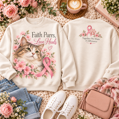 Faith Purrs Love Heals Pink Ribbon Cat Breast Cancer Awareness Sweatshirt