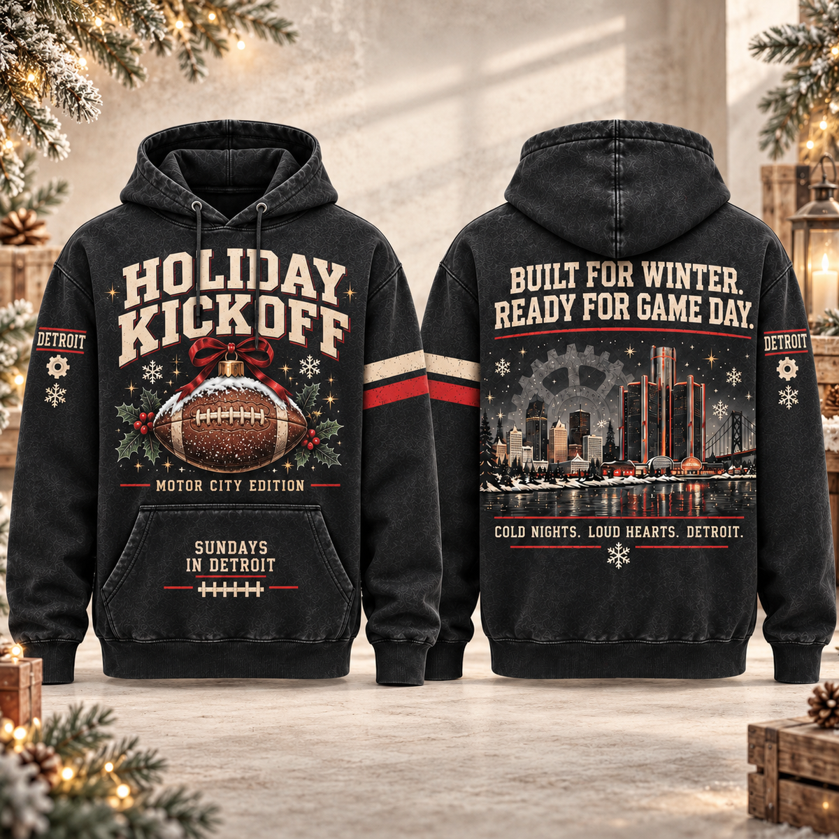 Holiday Kickoff Football Christmas Hoodie – Style 04: Detroit Motor City Kickoff