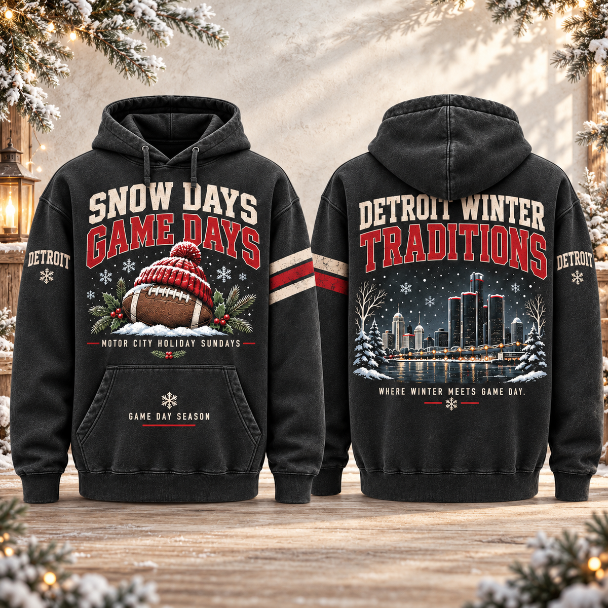 Snow Days Game Days Football Winter Hoodie – Style 06: Detroit – Motor City Winter Sundays