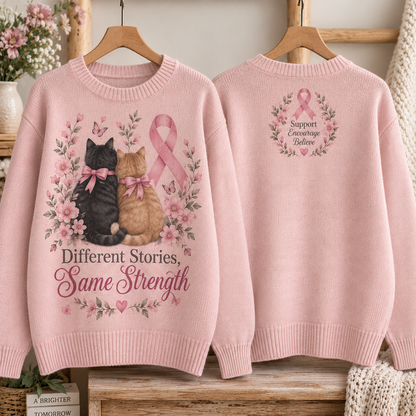 Different Stories Same Strength Cat Pink Ribbon Sweater