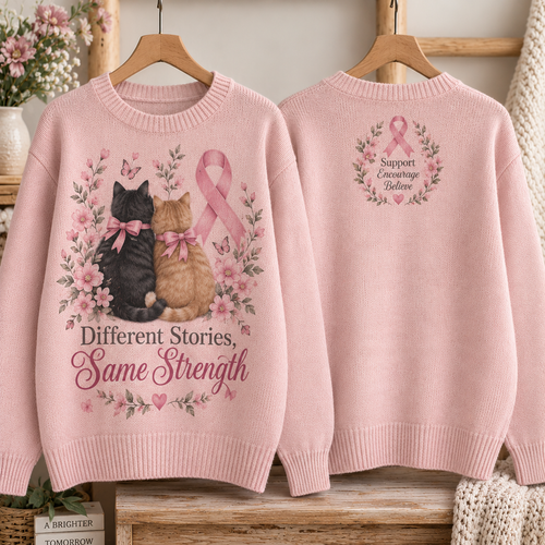 Different Stories Same Strength Cat Pink Ribbon Sweater