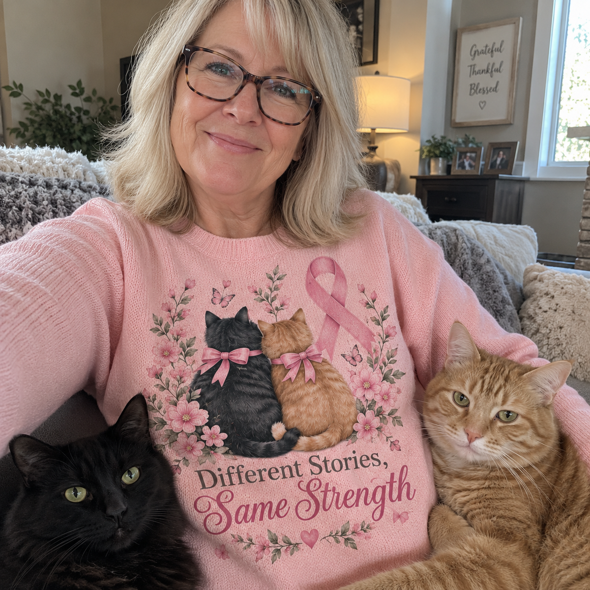 Different Stories Same Strength Cat Pink Ribbon Sweater