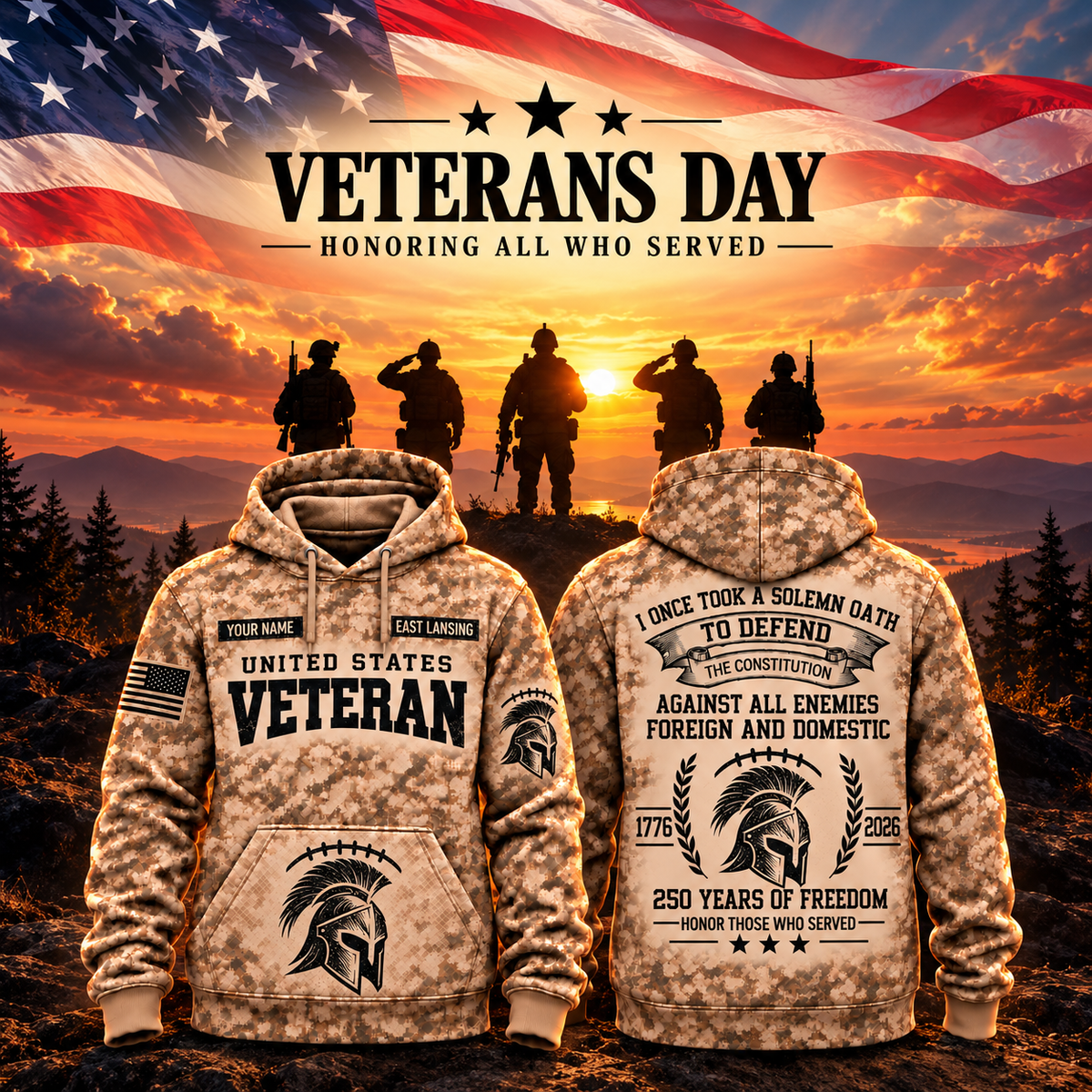 East Lansing College Football Veteran Apparel – Camo Veteran – Ancient Warrior Helmet