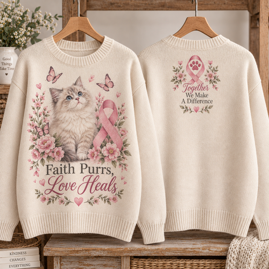 Faith Purrs Love Heals Cat Breast Cancer Awareness Sweater