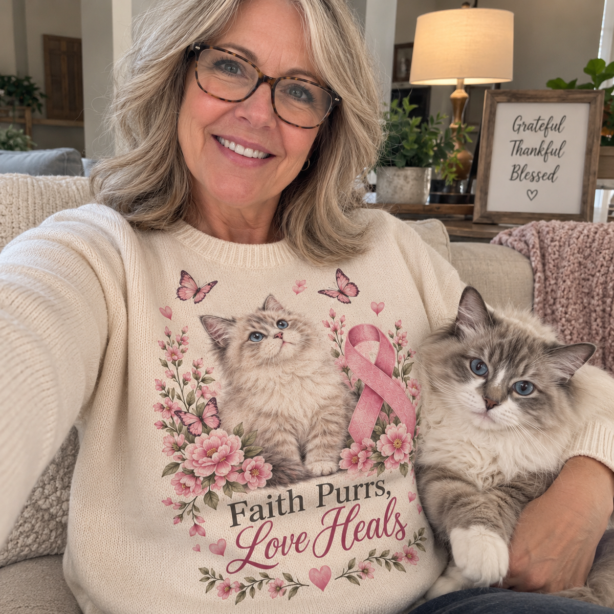 Faith Purrs Love Heals Cat Breast Cancer Awareness Sweater
