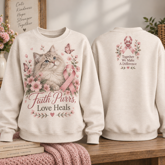 Faith Purrs Love Heals Cat Breast Cancer Awareness Sweatshirt