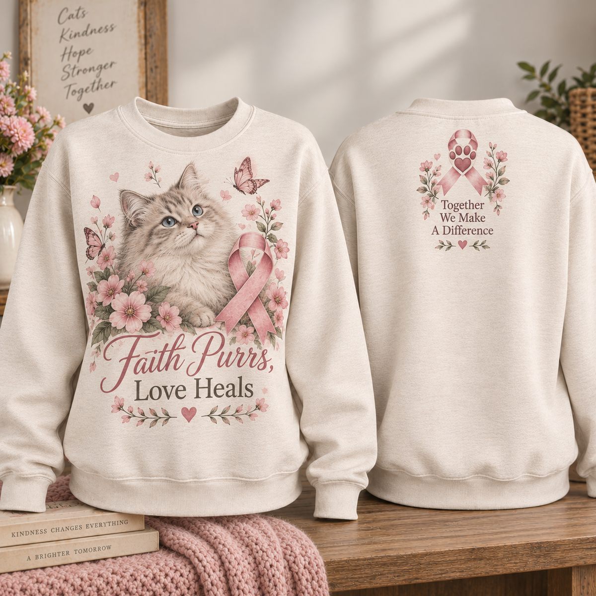 Faith Purrs Love Heals Cat Breast Cancer Awareness Sweatshirt