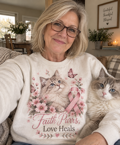 Faith Purrs Love Heals Cat Breast Cancer Awareness Sweatshirt