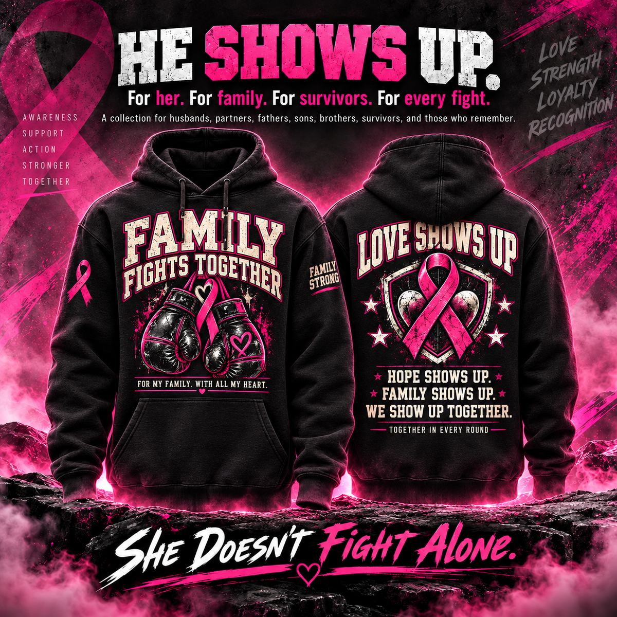Men Stand Together Breast Cancer Awareness Hoodie – Style 02: Family Fights Together
