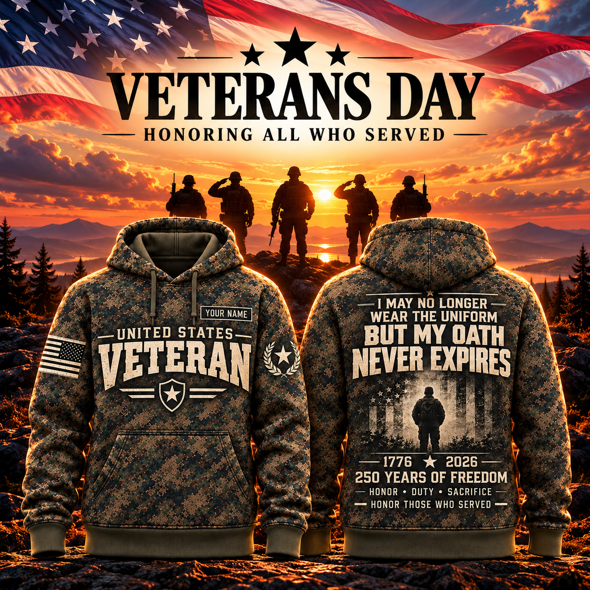 Veteran Oath Never Expires Camo Hoodie – Style 03: Forest Soldier