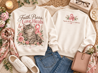 Personalized Faith Purrs Love Heals Cat Breast Cancer Awareness Custom Pet Name Sweatshirt