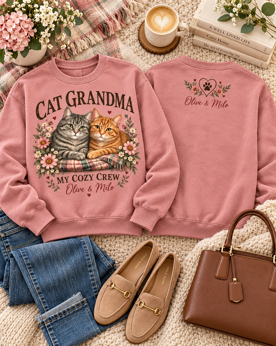 Personalized Cat Grandma My Cozy Crew Custom Pet Names Cat Lover Sweatshirt