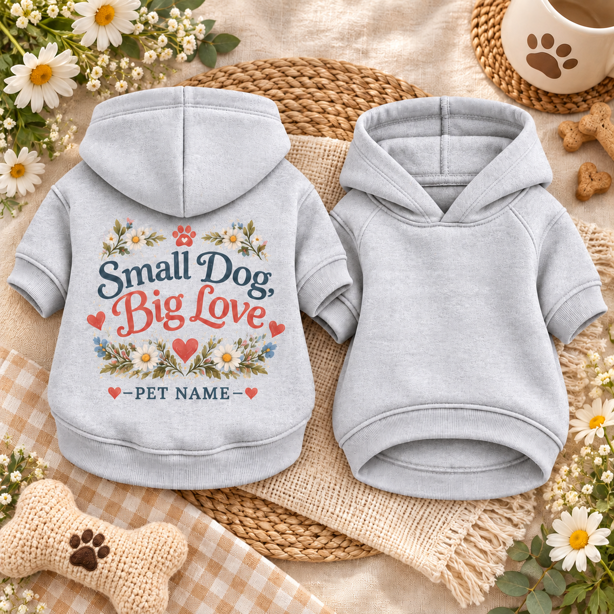 Personalized Small Dog Big Love Floral Pet Hoodie – Heather Gray