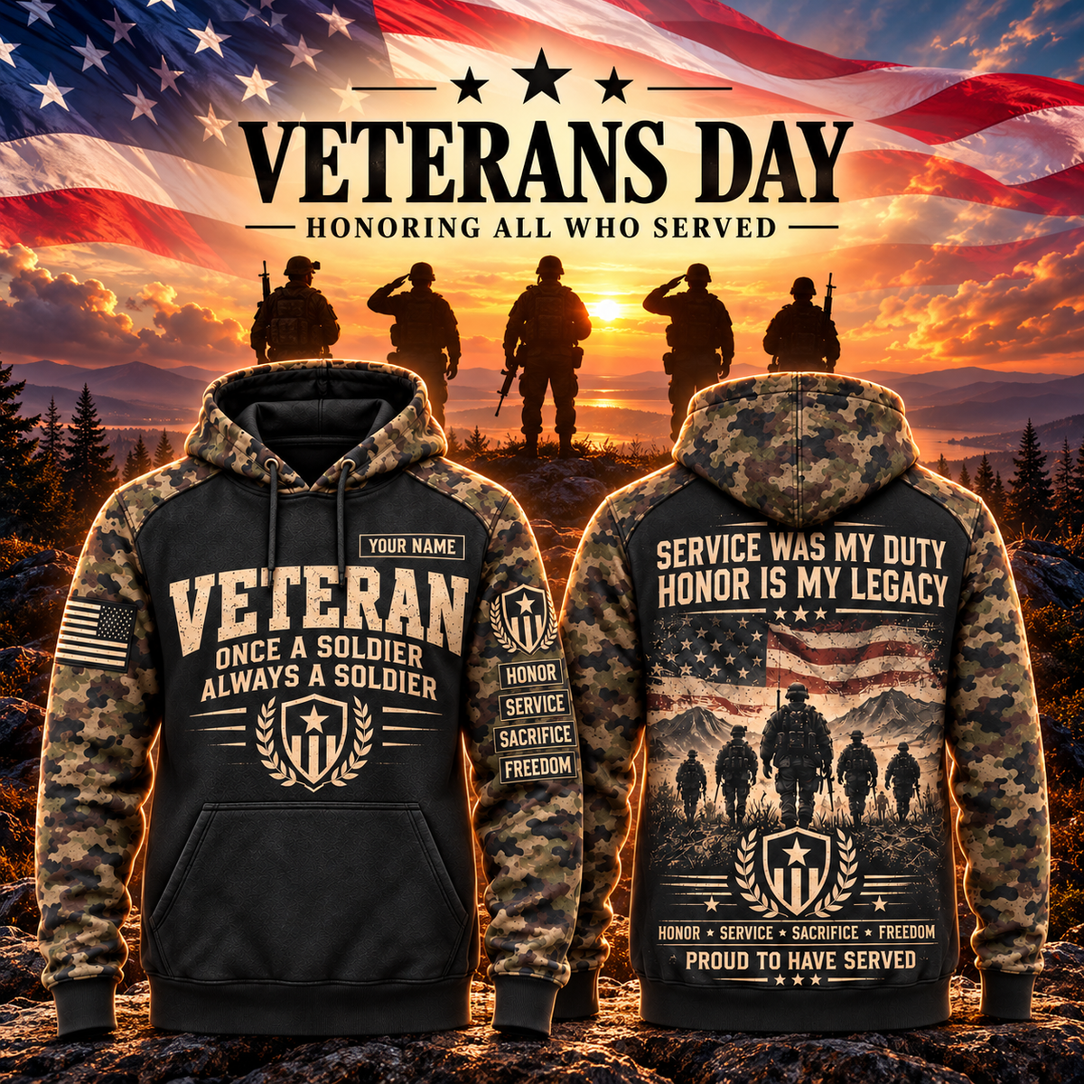 Veteran Forever Camo Sleeve Hoodie – Style 04: Honor Is My Legacy