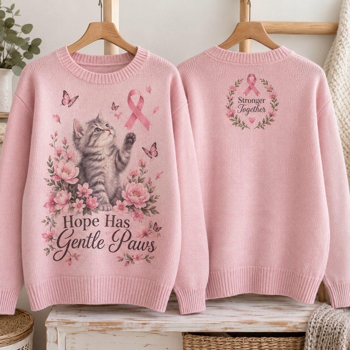 Hope Has Gentle Paws Cat Breast Cancer Awareness Sweater