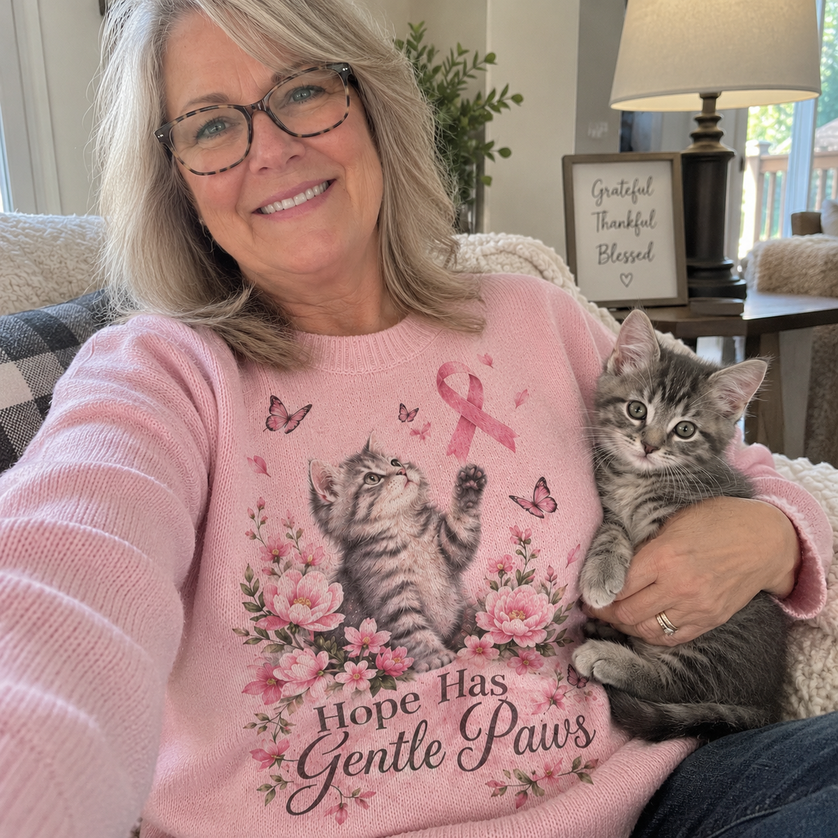 Hope Has Gentle Paws Cat Breast Cancer Awareness Sweater