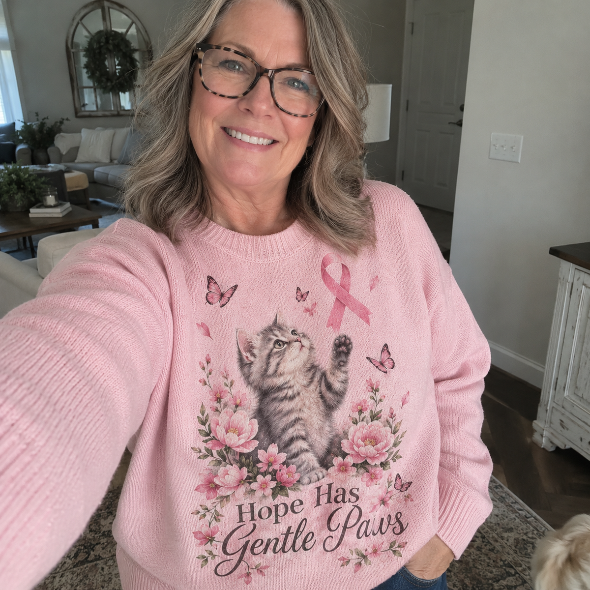 Hope Has Gentle Paws Cat Breast Cancer Awareness Sweater