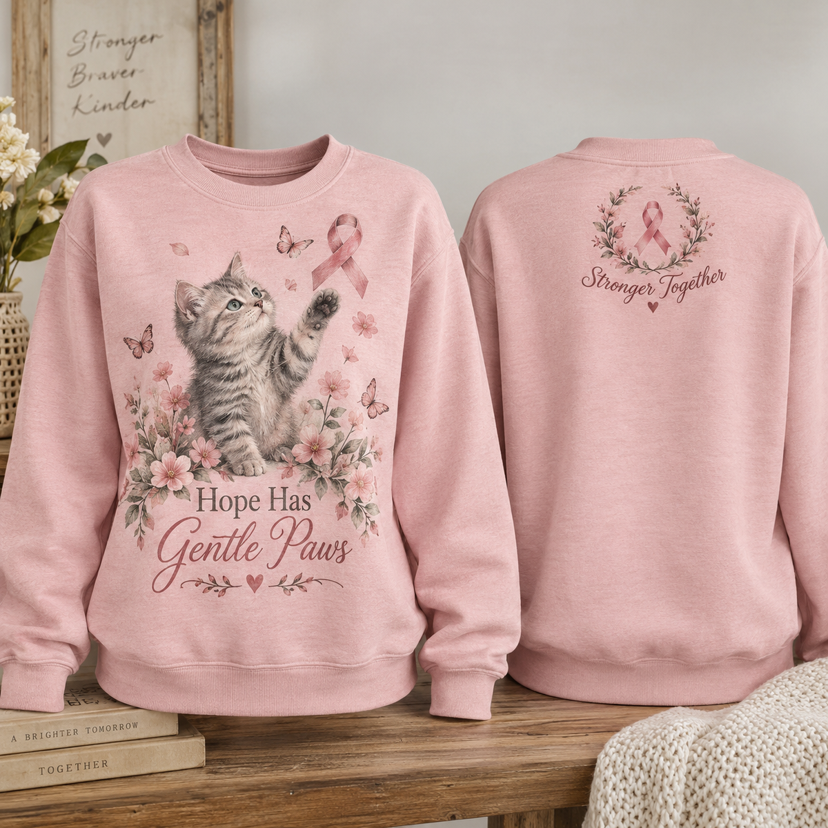 Hope Has Gentle Paws Cat Breast Cancer Awareness Sweatshirt