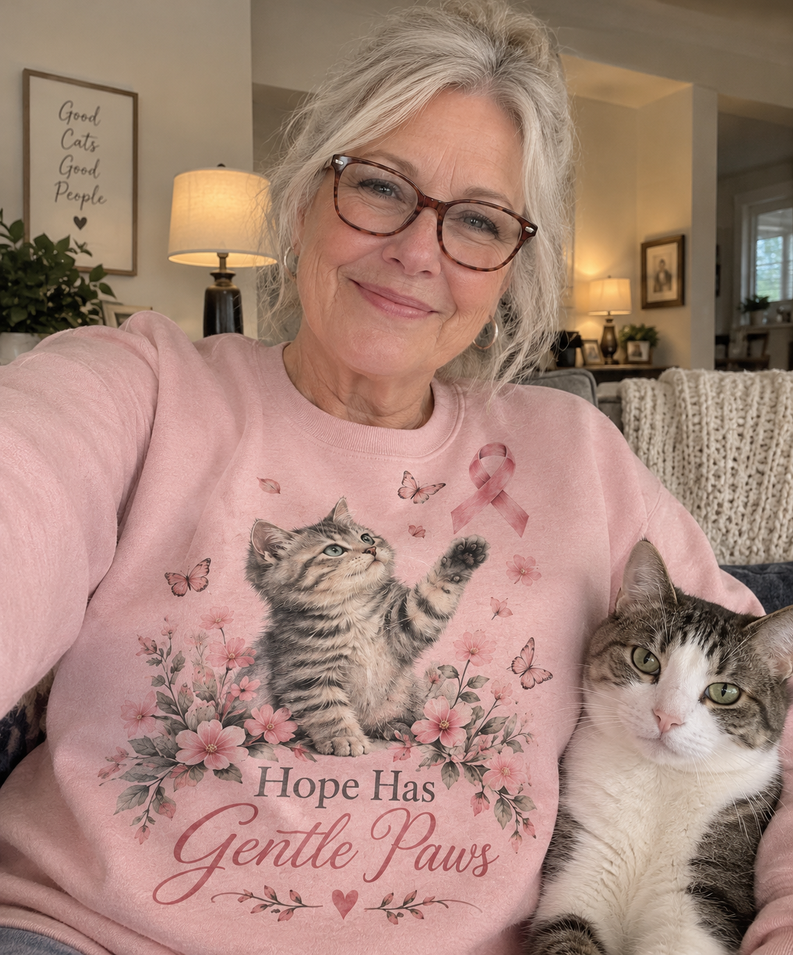 Hope Has Gentle Paws Cat Breast Cancer Awareness Sweatshirt