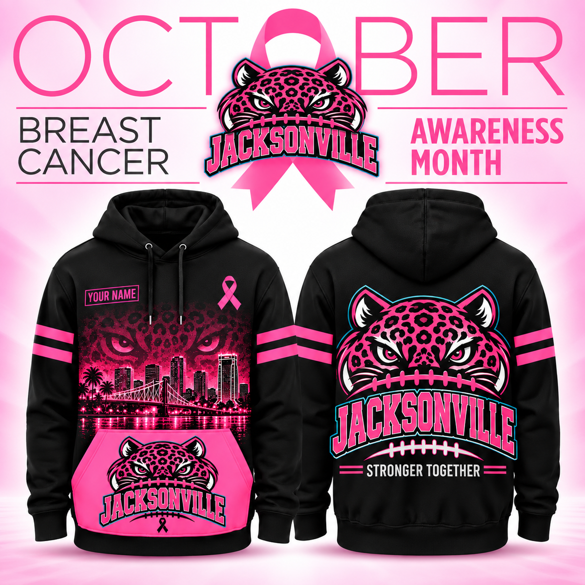 Personalized Football Team Spirit Breast Cancer Awareness Stronger Together Hoodie