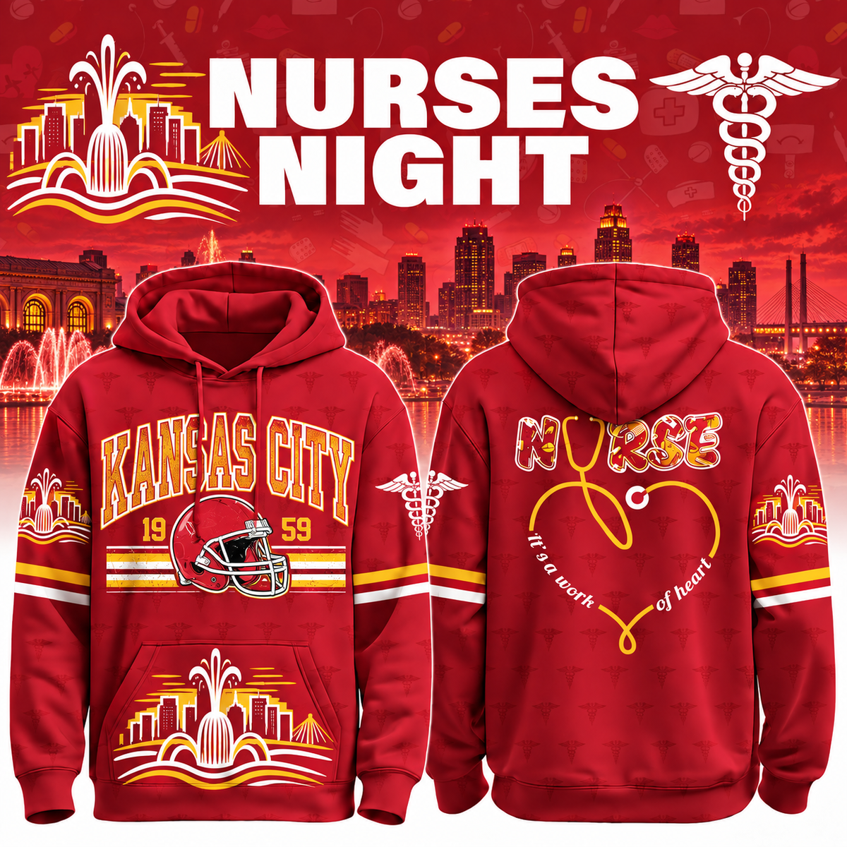 Nurses Night Football Team Spirit It’s a Work of Heart Hoodie