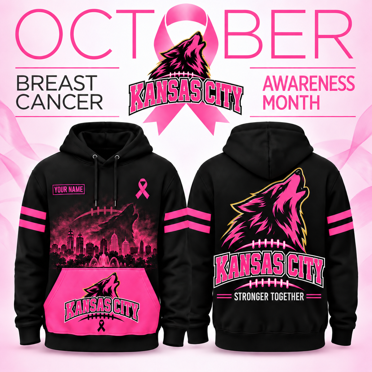 Personalized Football Team Spirit Breast Cancer Awareness Stronger Together Hoodie