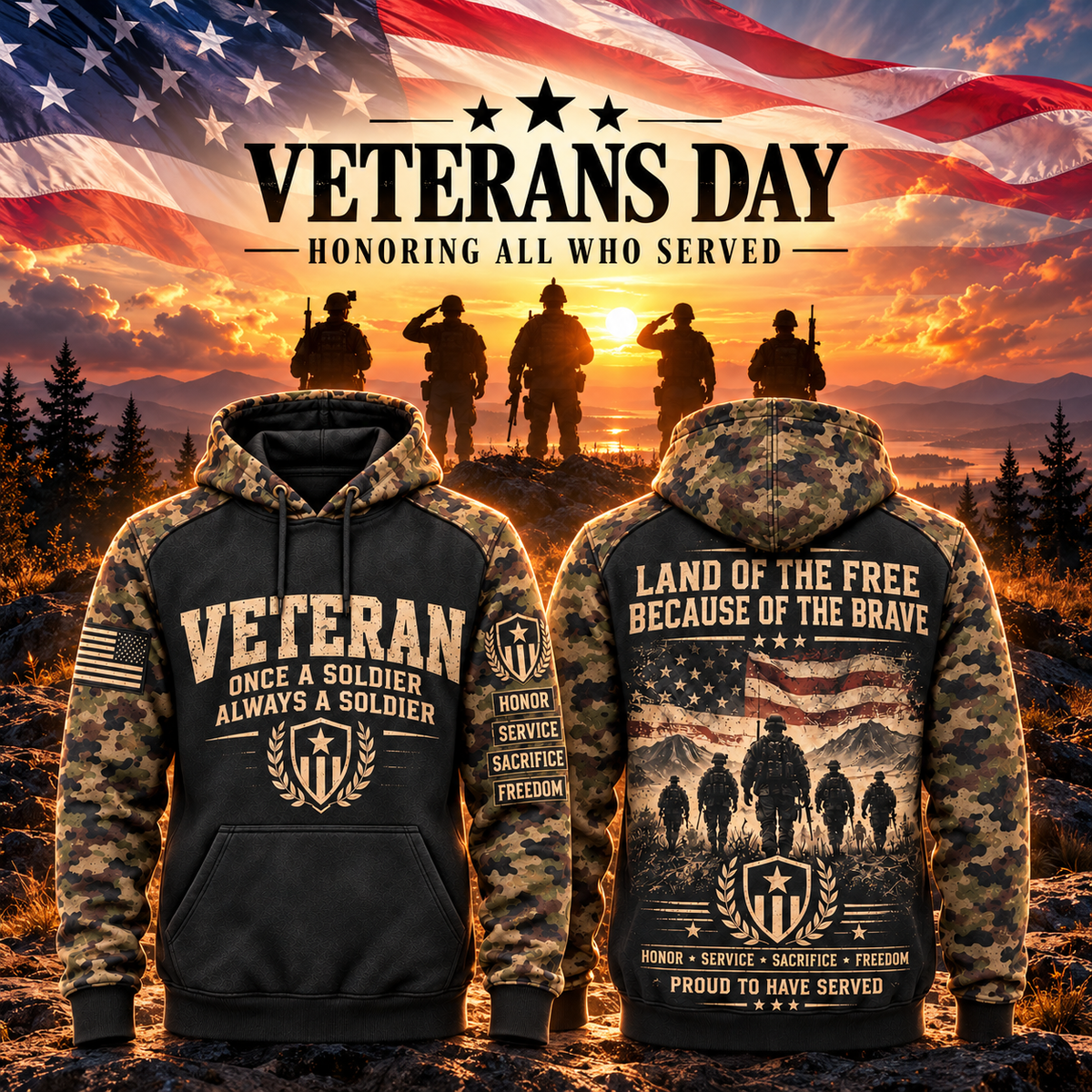 Veteran Forever Camo Sleeve Hoodie – Classic Edition – Style 05: Land of the Free