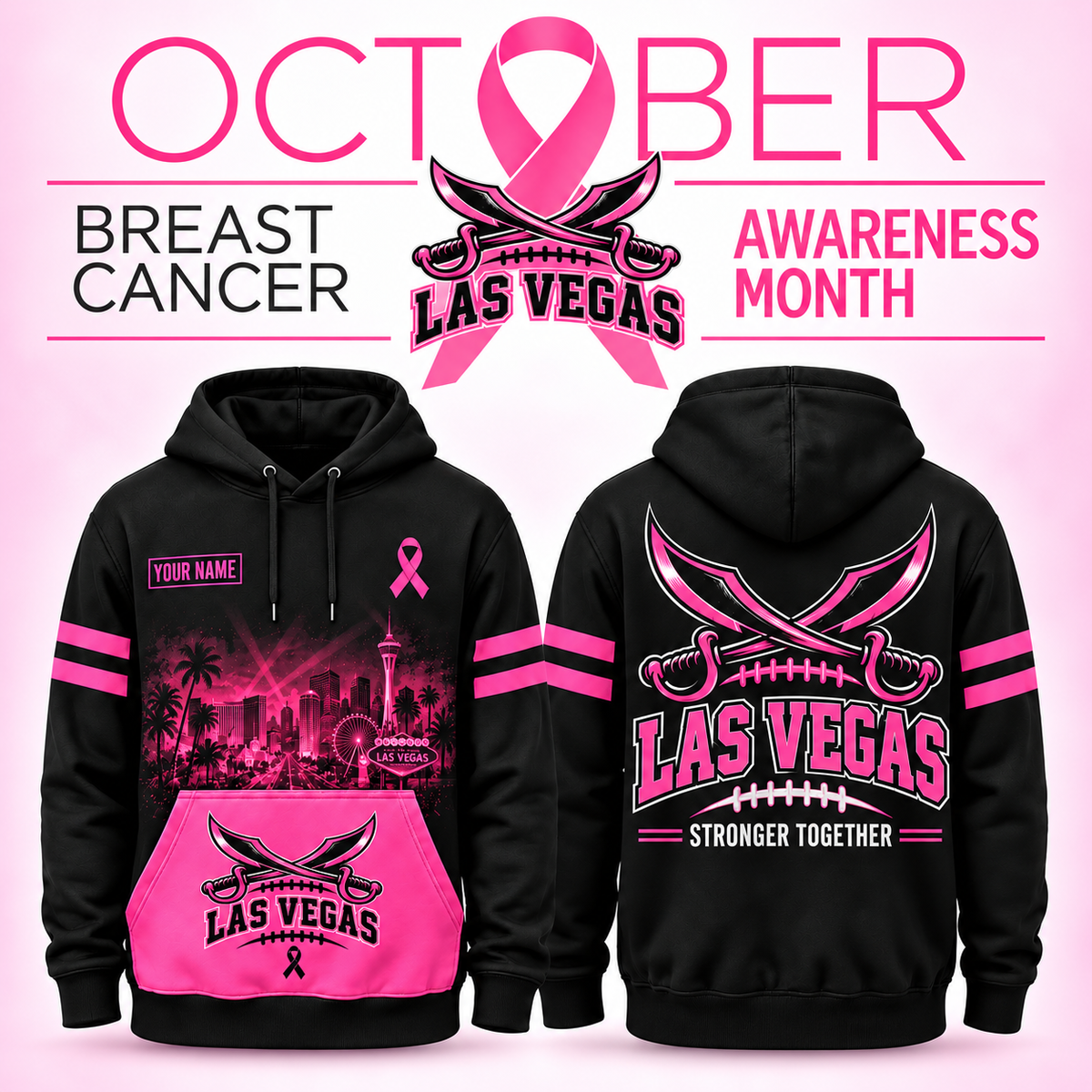 Personalized Football Team Spirit Breast Cancer Awareness Stronger Together Hoodie