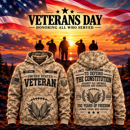 Lincoln College Football Veteran Apparel – Camo Veteran – Corn