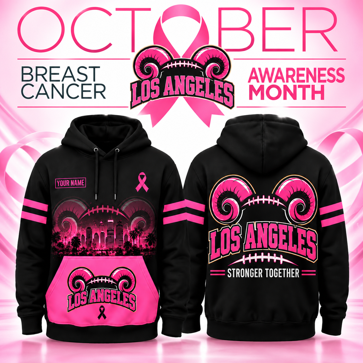 Personalized Football Team Spirit Breast Cancer Awareness Stronger Together Hoodie