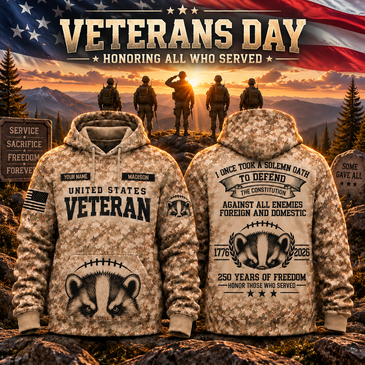 Madison College Football Veteran Apparel – Camo Veteran – Badger