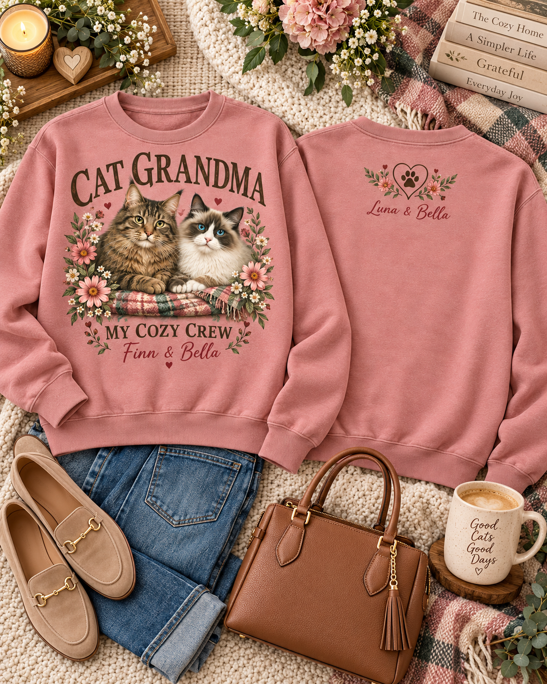 Personalized Cat Grandma My Cozy Crew Custom Pet Names Cat Lover Sweatshirt