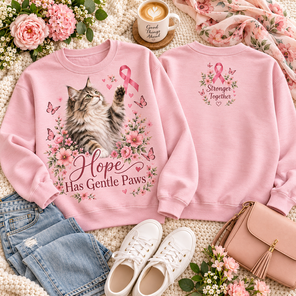 Paws of Hope Stronger Together Cat Breast Cancer Awareness Sweatshirt